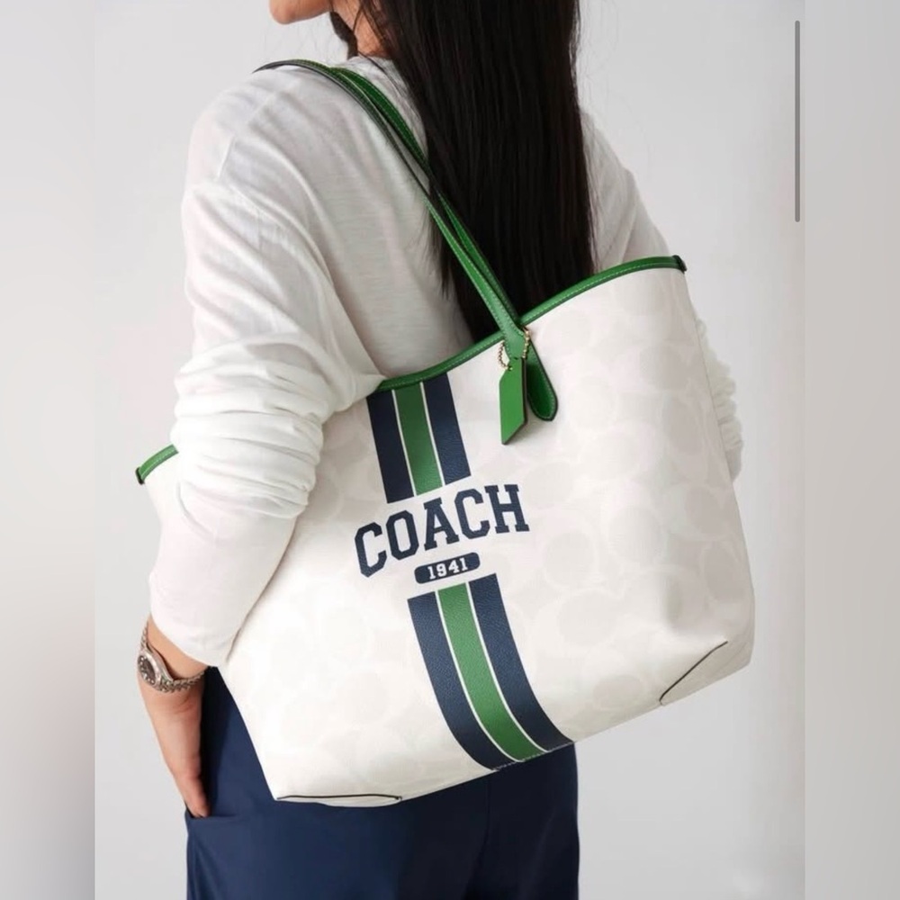 Rare, Coach White Signature City Tote with Navy and Green Stripes